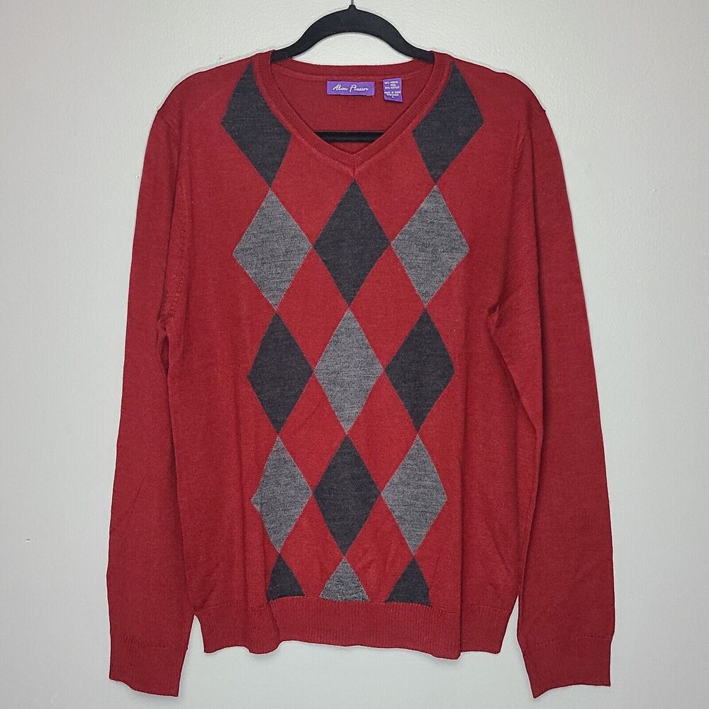 Alan Flusser Men's Wool Blend‎ Red Black Argyle Sweater Large